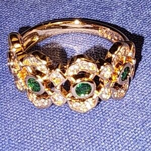 Rose Gold Ring Filigree Green&Clear Crystal Highlights, Pretty Bird, sz: 7 NEW!